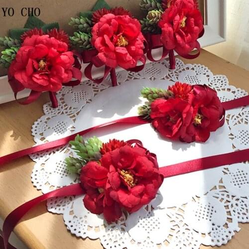 YO CHO Boutonniere Wedding Corsage Bracelet Bridesmaids Peony Groom Boutonniere Flowers Wedding Corsages and Boutonnieres Brooch
