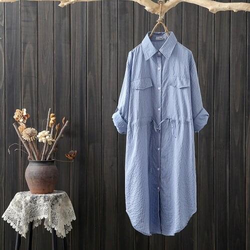 Just 1 piece Blue Tops Blouse Long Sleeve Womens Shirts Striped Female spring autumn