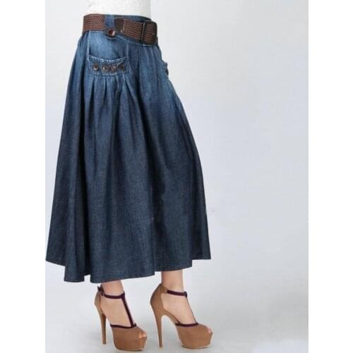 Free Shipping Summer Denim Skirts Ladies Blue Loose Fit Casual Belt Jeans Skirt New Fashion Elastic Waist Long Skirt Women
