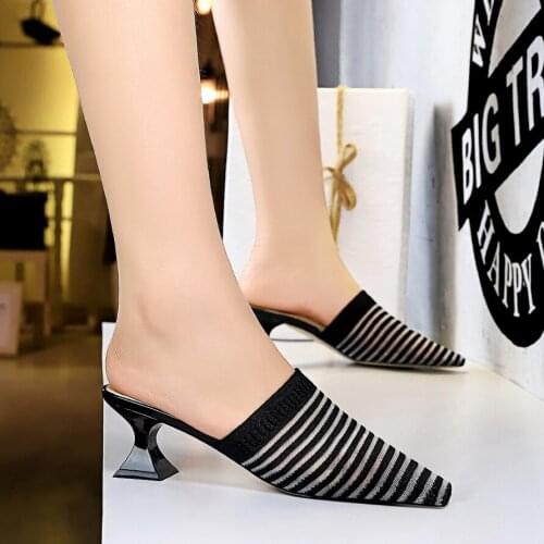 Korean Pointed Shallow High Heels Women Summer Sexy Sandals ol Knitting Mesh Slingback Pumps breathable mules sandalias shoes