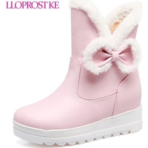 Lloprost ke Sweet Pink Blac Thick Fur Wedges Platform Bowtie Snow Boots Plus Size Ladies Lolita Shoes Ankle Boots for Women D470