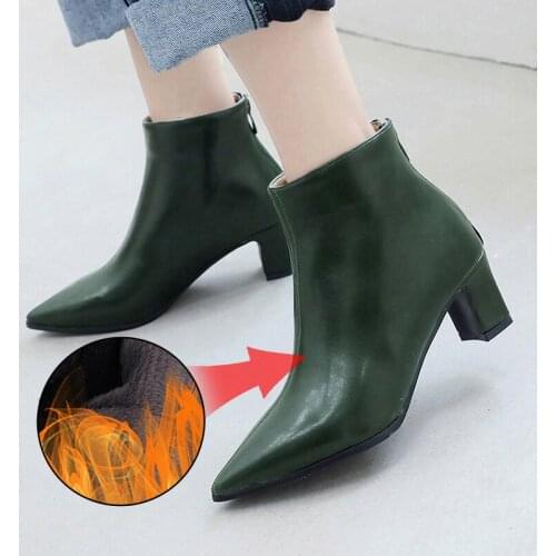 Plus Size 34-48 Pointed Toe Square Heel Women Boots Fashion Buckle Ankle Boots Women Shoes Zipper High Heel Boots Woman Large