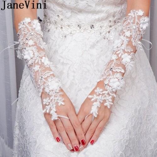 JaneVini White Beaded Fingerless Bridal Gloves Long Elbow Length Flowers Lace Appliques Women Wedding Gloves Bride Accessories
