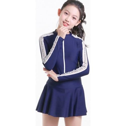 Teenager 10 year Girls Rash Guard one piece Long sleeve skirt swimwear sport zipper Solid Surfing Bathing Suits Rashguard 2019