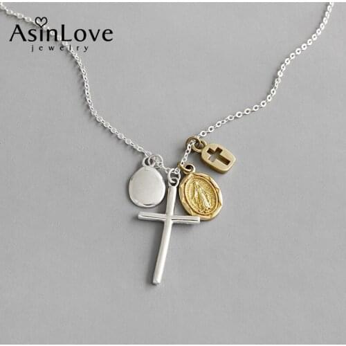 AsinLove Real 925 Sterling Silver Necklace INS Retro Cross Portrait Coin Tag Pendant Necklace Personality Jewelry for Women Gift
