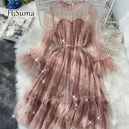 2021 Spring summer New Female Chic O-Neck Stars Sequins Mesh Shiny Party Dress Women Elegant Bling Gauze Princess Puff Dresses