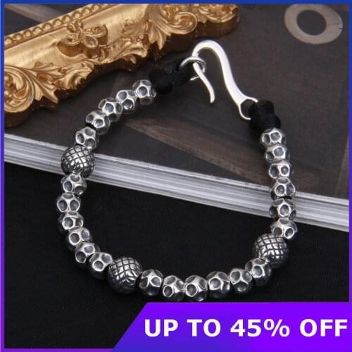 100% 925 Sterling Silver Bead Hand String Bracelet With Black Rope S925 Silver Bracelet Lovers Bracelet