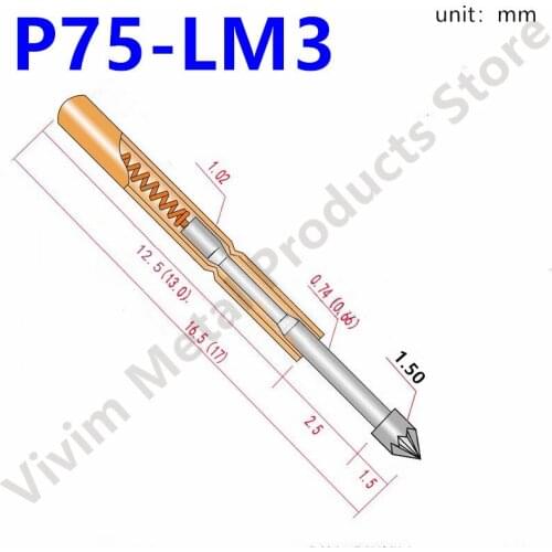 100Pcs P75-LM3 Nickel Plated Spring Test Probe Diameter 1.50mm Length 16.5mm Gold Color Test Probe for Electrical