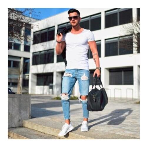 2020 Autumn Men Casual Long Pencil Pants Ripped Jeans Skinny Hole Jeans Pants Denim Hiphop Trousers Bodycon Slim Fit Clothes