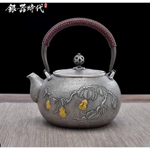 Ag999 Sterling Silver Teapot Hand-Carved Kitchen Utensils Handmade Coffee Tea Pot