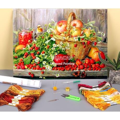 Flowers Fruit Printed Water-Soluble Canvas 11CT Cross Stitch Embroidery Patterns DMC Threads Handiwork Craft Package