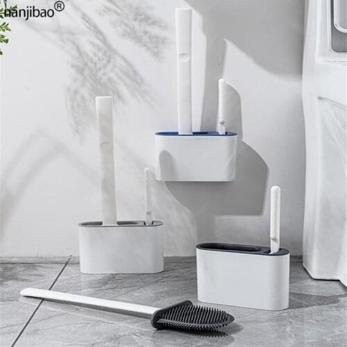 Household No Dead Ends Silicone Toilet Brush Wall-Mounted Cleaning Kit Flat Head Flexible Soft Bristle Bathroom Accessories Set