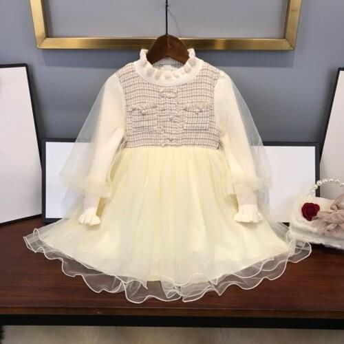 And American childrens European wear 2021 winter new style Long - sleeved stand - collar knitting mesh fashion girls baby dress