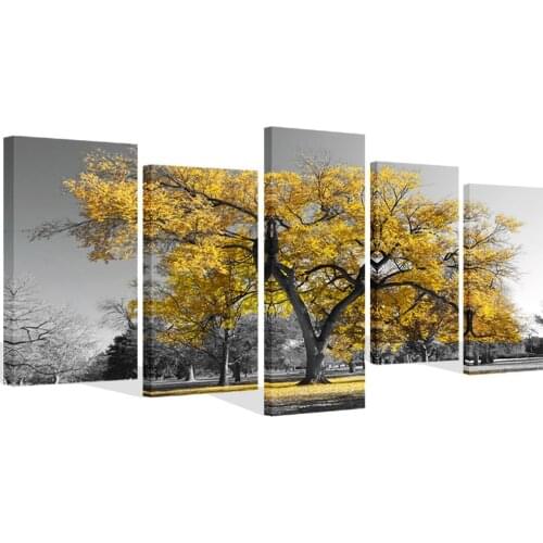 5 Pieces Canvas Painting Prints Yellow Tree Black and White Fall Landscape Home Office Wall Decor