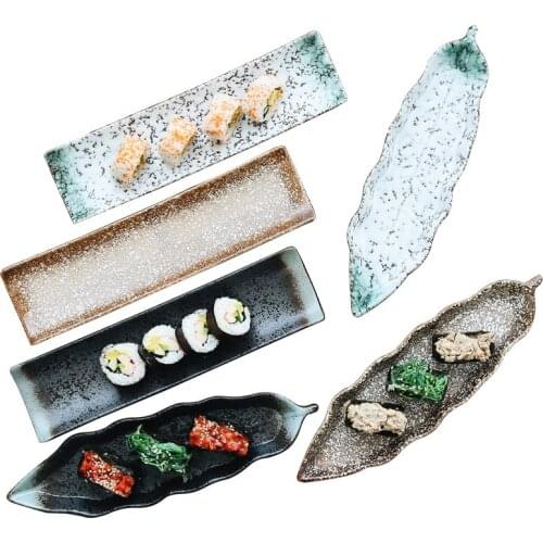 11 Inch Japanese Ceramic Sushi Plate Creative Porcelain Rectangular Dessert Dish Restaurant Retro Glazed Snack Plate Tableware