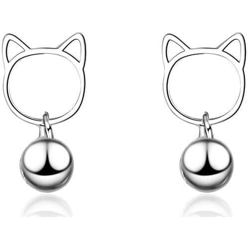 Cute Cat Bell Fashion 925 Sterling Silver Earrings For Women Korean Trendy Jewelry Aretes De Mujer