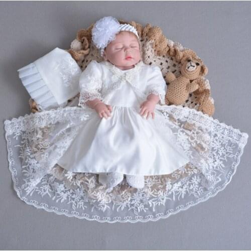 3pcs Set Baby Girls Christening Gown Ruffle White Dress+Lace Shawl+Hat Newborn Infant Princess Birthday Party Dress Gift 0-30M