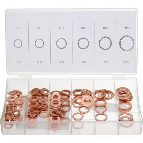110 Piece O Ring Shape Copper Washer Gasket Flat Seal Assortment Kit M6-M16 with Box For Hardware Accessories
