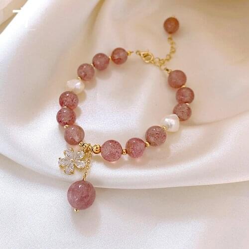 2021 new luxury Natural Crystal Pink Stone Bracelets For Woman Zircon Flower Pendant Korean Fashion Jewelry Girls Sexy Bracelet