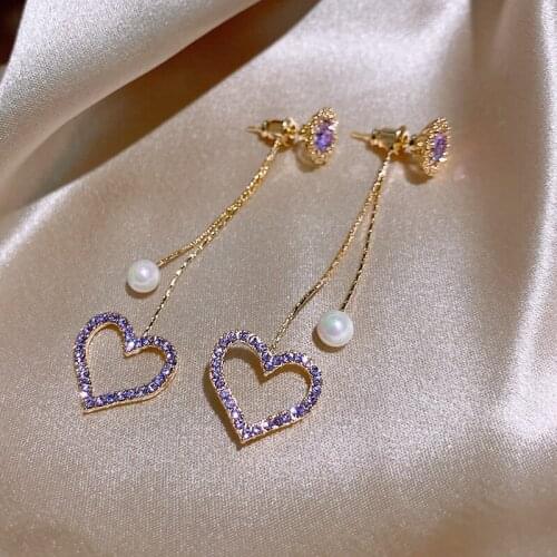 Korean New Purple Peach Heart Pearl Tassel Earrings Fashion Temperament Long Pendant Earrings For Women Jewelry
