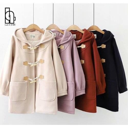 Luck A Japanese Solid 2021 Winter Preppy Style Hooded Long Sleeve Horn Buckle Wool Coat Padded Warm Pocket Sweet Woolen Coats
