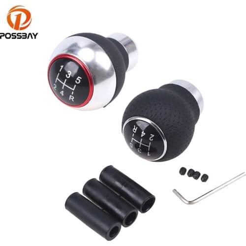 POSSBAY 5 Speed Universal Aluminum Manual Gear Shift Knob Shifter Lever Black Leather Round Shape Head Handball Shift Knobs