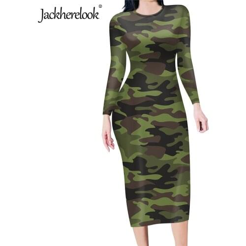 Jackherelook Casual Womens Bodycon Dress Green Camouflage Print Office Ladys Long Sleeve Sexy Crewneck Elegant Pencil Dresses