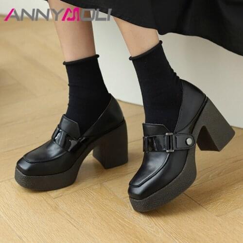 ANNYMOLI Real Leather Platform Super High Heels Women Shoes Chunky Heel Pumps Rivet Square Toe Female Footwear Black Big Size 40