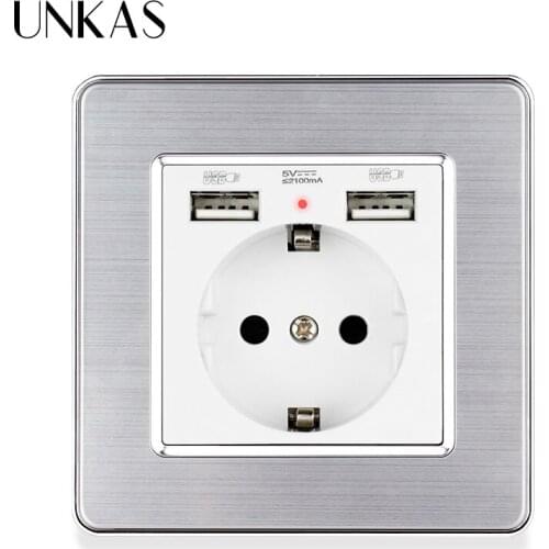 UNKAS Dual USB Charging Port 2.1A EU Socket 86mm * 86mm 16A Russia Spain Stainless Steel Panel Hidden Soft LED Indicator Outlet