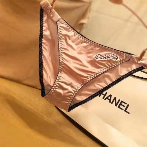High-end Silky Underwear Women Thongs Hollow Lace Hot Seduction Triangle Satin Medium Low-waisted Sexy T-less Womens Panties
