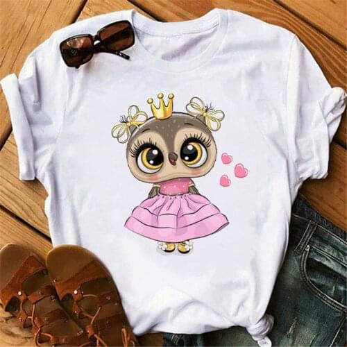 Summer Ladies Cute Owl T-shirt Cartoon Print Ladies T-shirt Short Sleeve Casual White Harajuku Graphic T-shirt Female
