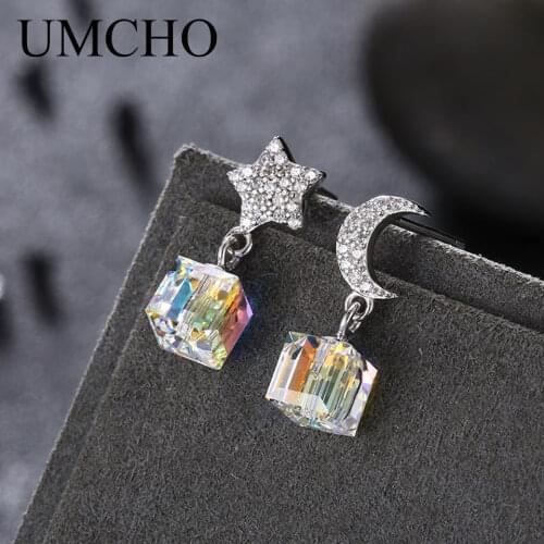 UMCHO Star Moon Real 925 Sterling Silver Earrings Zircon Stud Earrings For Women Girl Female Birthday Romantic Gift Fine Jewelry