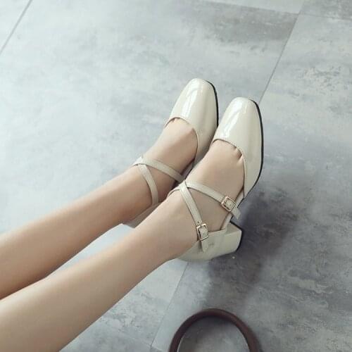 Big Size Ladies high heels women shoes woman pumps One-word buckle Rough-heeled single shoes