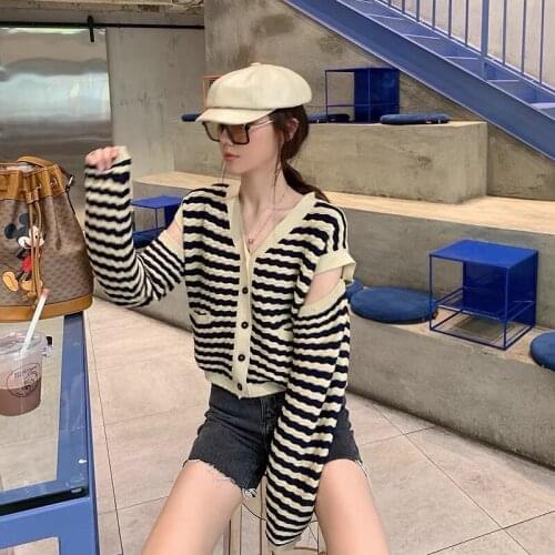 Runway Removable Sleeve Cardigan Women Apricot Black Striped Cardigan 2021 Autumn Three Ways To Wear Sweater Coat V Neck Vest