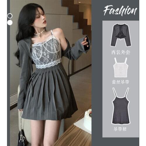 Suit Women 2021 Spring and Autumn New Korean Style Suit Jacket + Lace Sling + Pleated Sling Dress Three-piece Suit