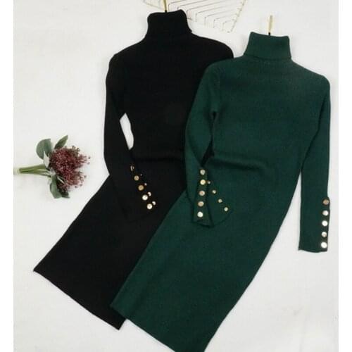 2020 women high neck long sleeve sweater dress long knitted sexy blouse one women winter skirt slim women