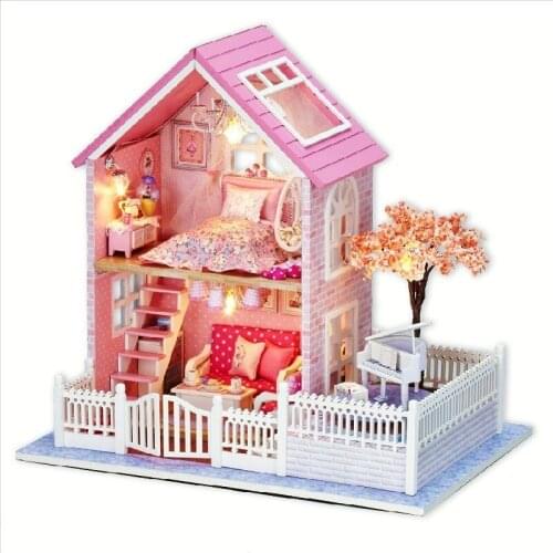 2 Styles Pink Cherry Blossoms DIY Wooden Handcrafts Mini Doll house Piano Totoro Princess House Assembling Building Lover Gift