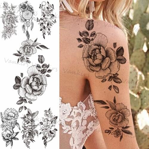 Black Flower Leaf Temporary Tattoos For Women Realistic Dream Catcher Bird Snake Fake Tattoo Sticker Back Arm Tatoos Waterproof