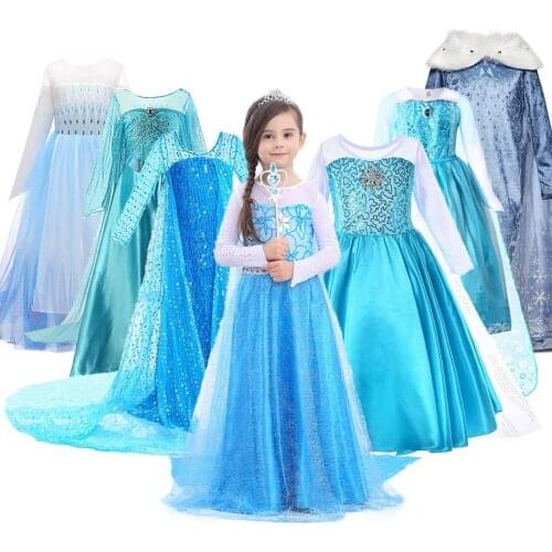 Elsa Girls Princess Dress Children Carnival Fancy Blue Snow Queen Elza Costume Kids Sequined Halloween Birthday Party Clothes