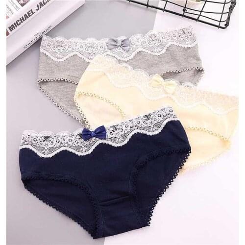 Cotton Women Panties Lace Patchwork Solid Color Low-Waist Briefs Lingerie Sexy Fashion Bow Panties