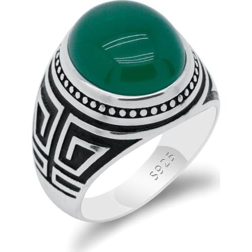 Green Natural Agate Stone Real 925 Sterling Silver Ring For Men Signet Ring Dreams Vintage Punk Party Ring Fashion Party Jewelry