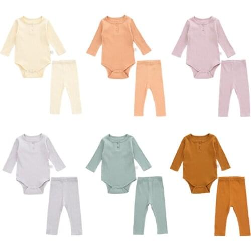 Toddler Baby Boy Girl Solid Color Jumpsuit Romper+Pant 2pcs Long Sleeves Cotton Spring Autumn Casual Newborn Baby Clothes