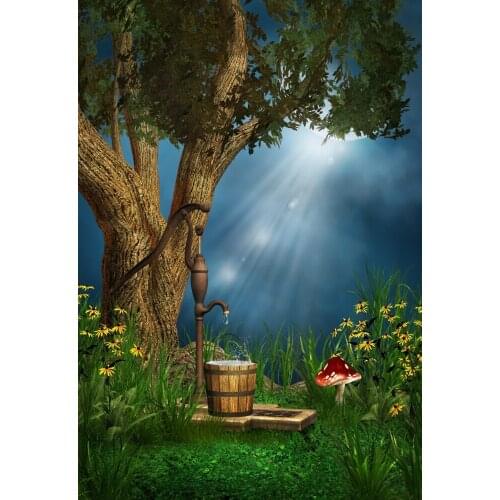 Laeacco Dreamy Moonlight Tree Well Bucket Mushroom Photography Backgrounds Customized Photography Backdrops For Photo Studio