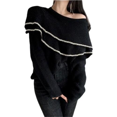 Fashion Double Layer Ruffles Sweater Womens Knitwear Long Sleeve Leakage Shoulder Bright Silk Edging Splicing Knitted Sweater