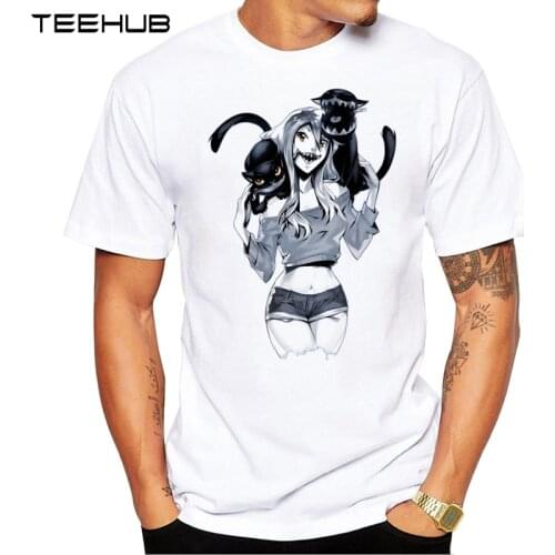 New Arrivals 2019 TEEHUB Cool Mens Fashion Zipper Mouth Girl and Cat Design T-Shirt Short Sleeve O-neck Tops Hipster Tee