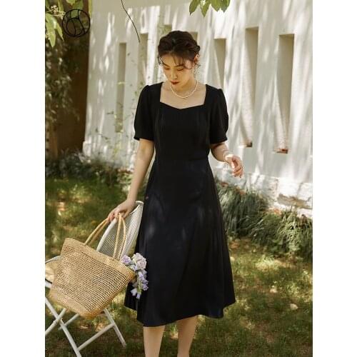 DUSHU Plus Size Office Lady French Square Collar Black Dress Female Summer 2021 New Nack Casual Zipper Square Collar Long Dress