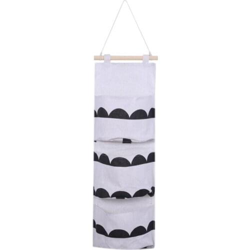 Black White Pattern Cotton Linen Hanging Storage Bag 3 Pockets Wall Mounted Wardrobe Hang Bag Wall Pouch Cosmetic Toys Organizer