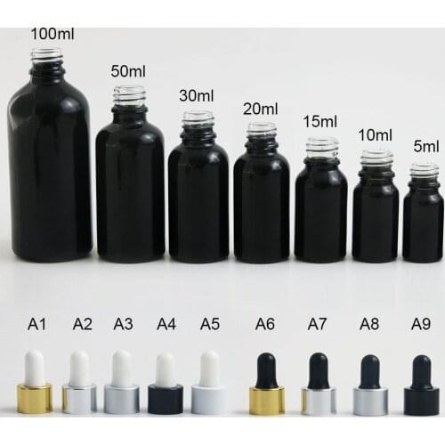 20 X shinny Black Glass Empty Essential Oil Parfum e Liquid Pipette Dropper Bottle 10 15 20 30 50 100 ml gold black silver cap