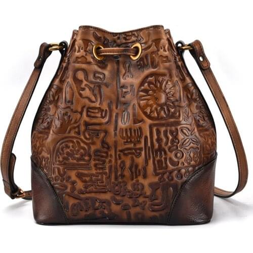 Luxury Women Genuine Leather Bucket Bag American Style Real Cowhide Leather Shoulder Bag Female Messenger Crossbody Bags