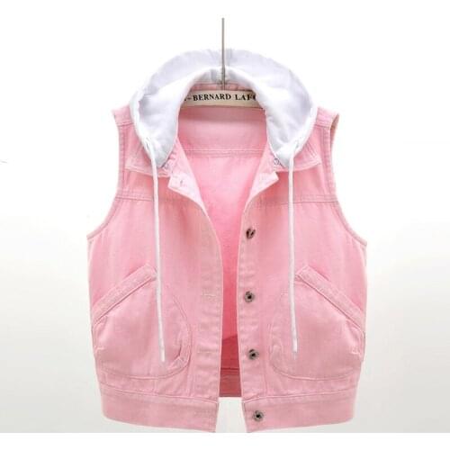 Pink white hooded denim vest 2020 spring summer NEW women sleeveless denim vests Korean fashion plus size waistcoat JC230